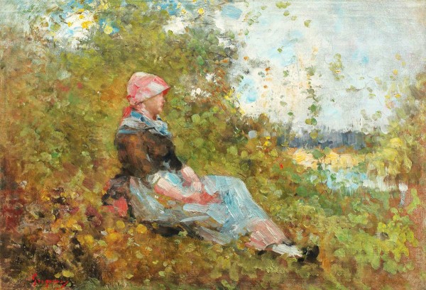 Beautiful lady standing in the garden near Brolle by Nicolae Grigorescu